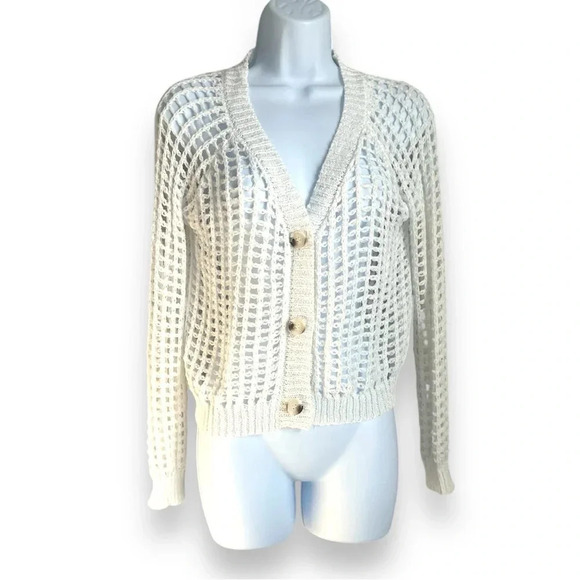 Open Knit Ivory Cardigan Sweater, Button-Up, Lightweight – Estimated Medium - Picture 1 of 8